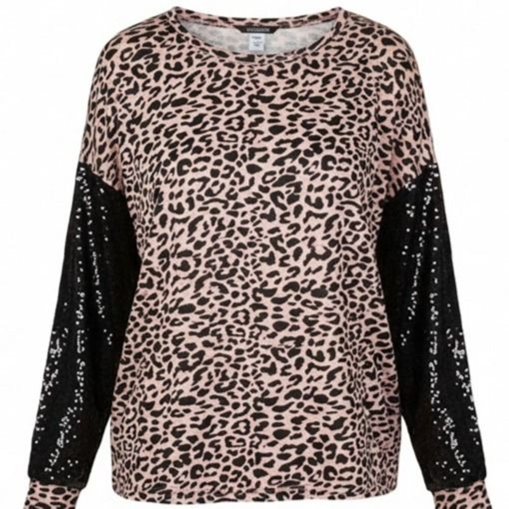 SMALL BLUSH LEOPARD SEQUIN SLEEVE TOP-NWT